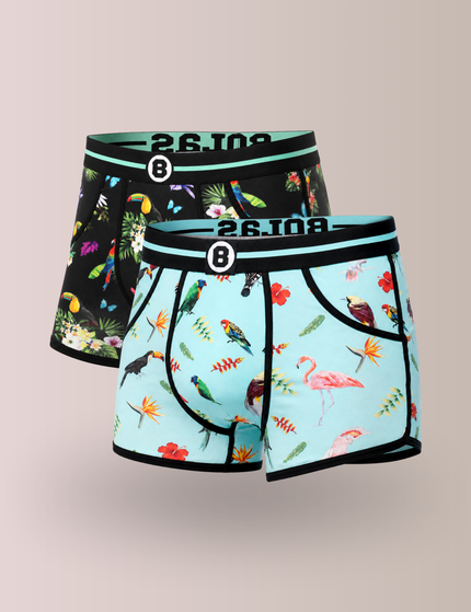 Bolas Underwear Heren Boxershort | Duo Pack 2st | Print | Turquoise & Black | Birds & Flowers
